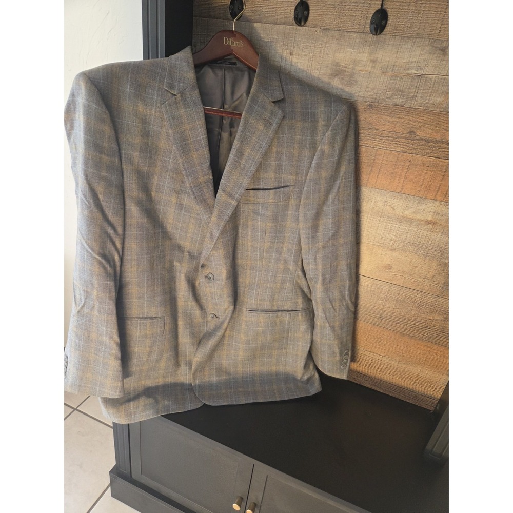 Hart Schaffner Marx 2 Piece Wool Tweed Plaid Suit Gray Tan 48R
